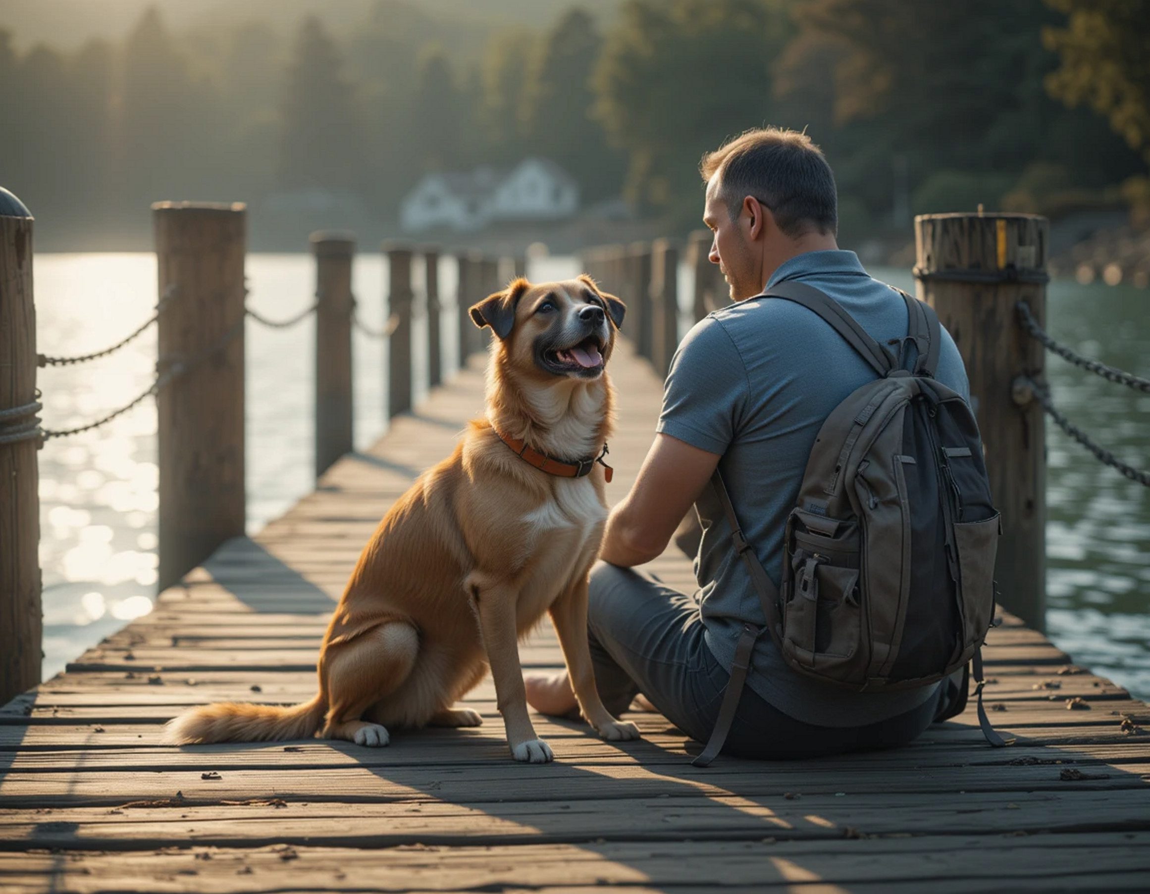 An emotional support animal sitting beside a man on a lakeside dock in Jersey City, NJ.