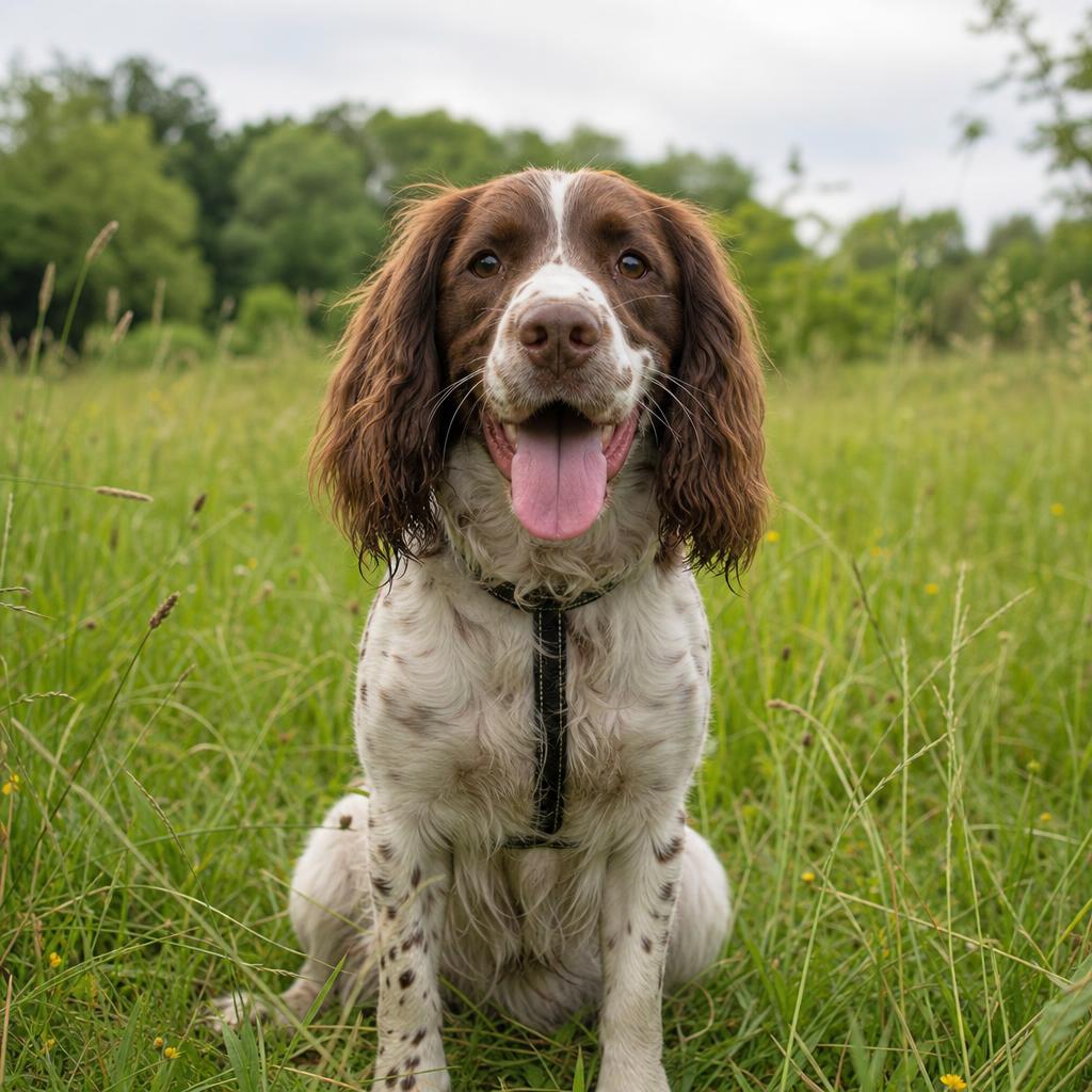 Happy spaniel in a field