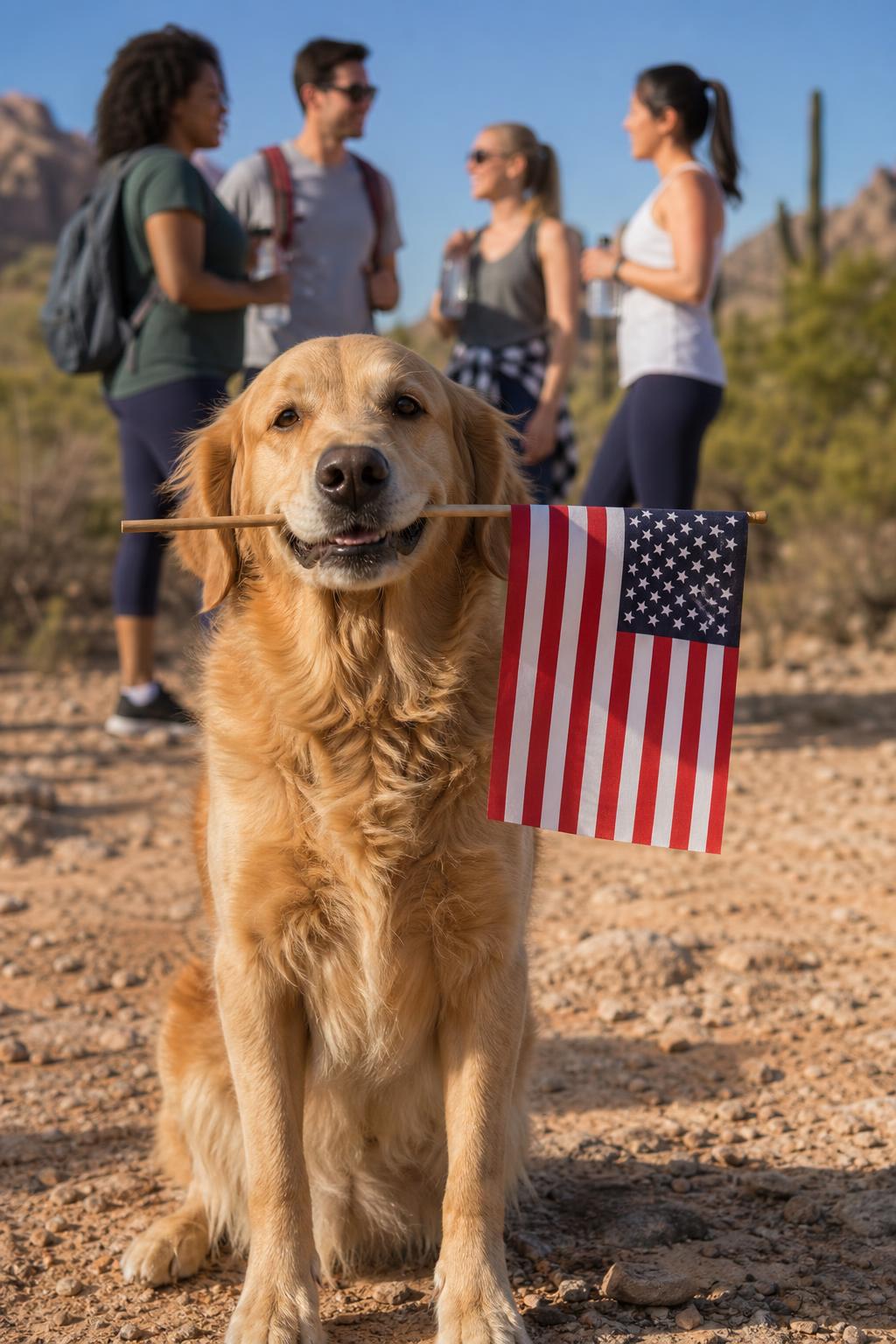 Golden retriever holding an American flag
